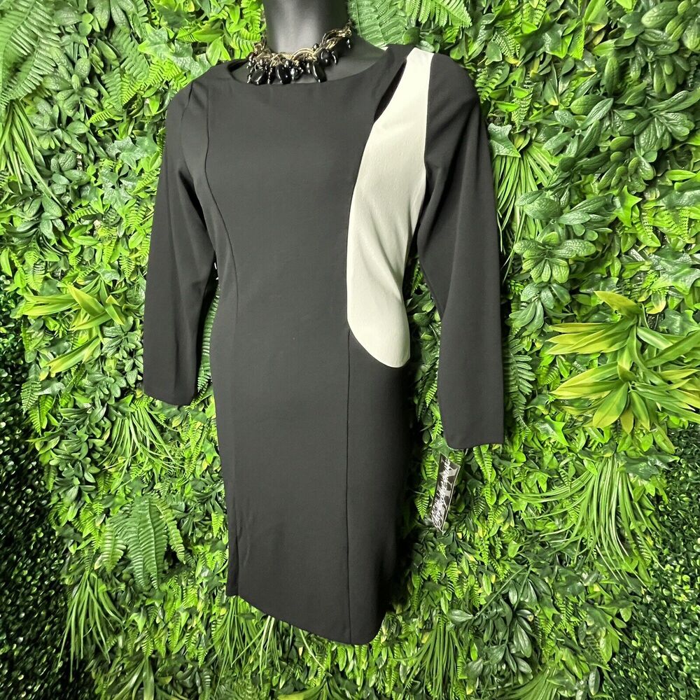 Nina Leonard Dress Women Large Black White Formal Sheath Shoulder Cut Out 0135